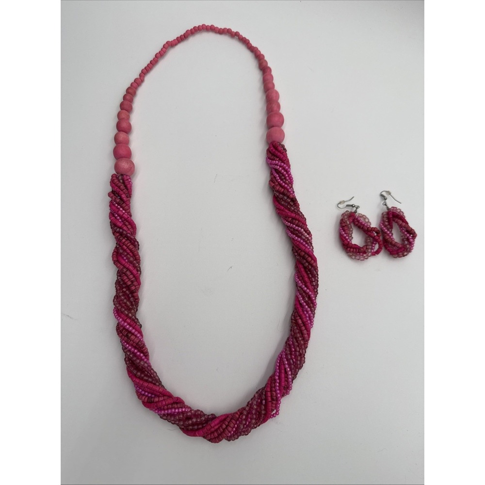Vintage Natural Wood Pink beads Necklace and earrings‎ set Boho